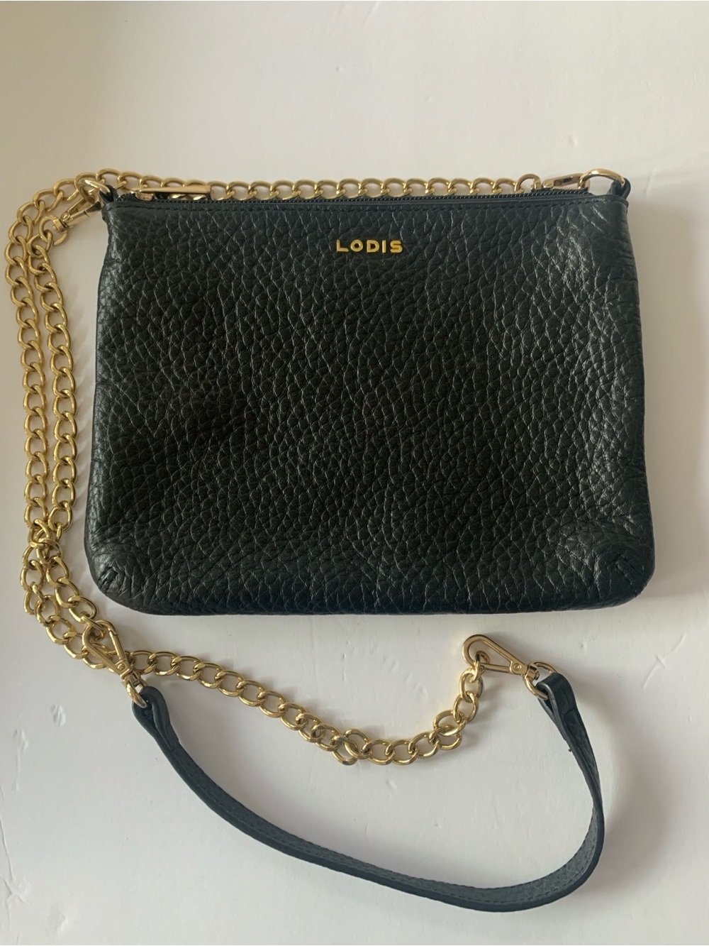 Lodis Black Pebbled Leather Crossbody with Gold Chain Strap